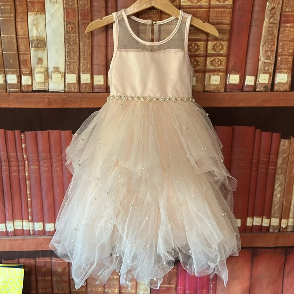 American Princess Blush Pink Tulle Flower Girl Dress Pearl Formal 4T